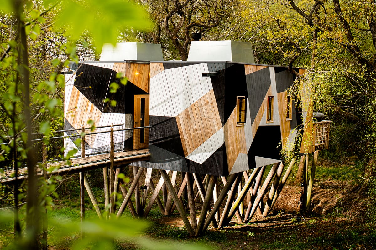 The Dazzle Treehouse, its bold timber marquetry cladding rising on a lattice of hand-set poles among spring leaves