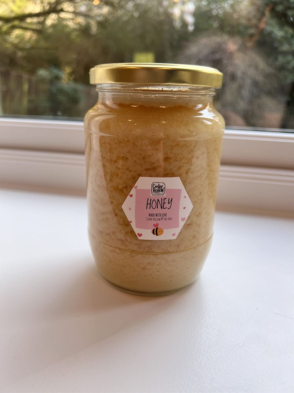 A jar of Cedar Hollow honey on a windowsill, the woodland soft behind the glass