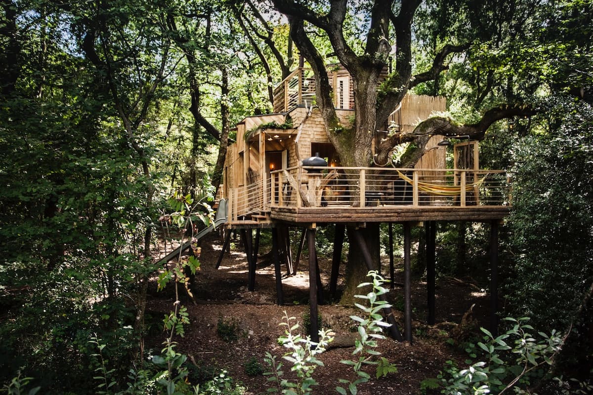 The Woodsman's Treehouse standing among the oaks, with its deck, slide and wood-fired oven raised on hand-set poles